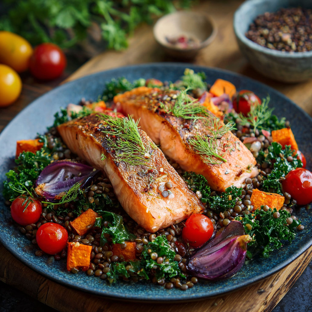 A plate of food with salmon, tomatoes, and onions.