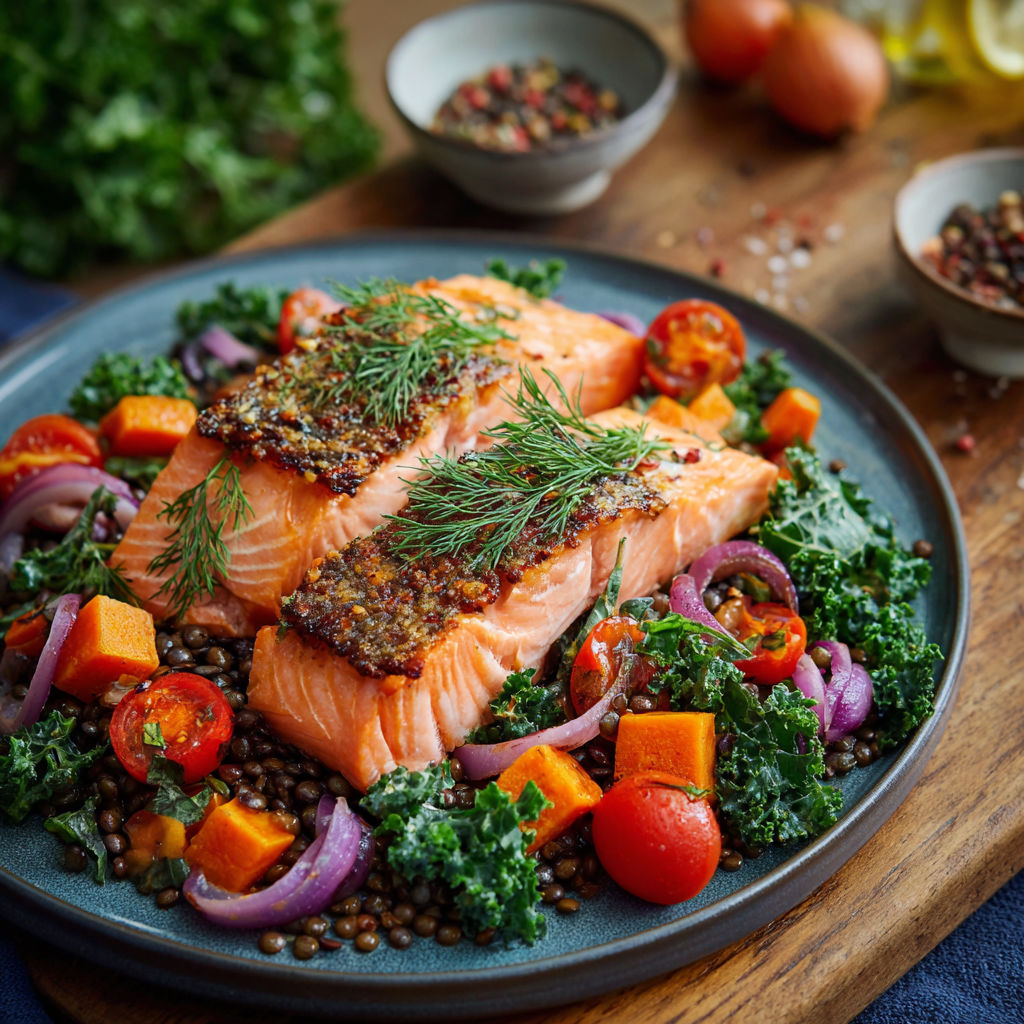 A plate of food with salmon, tomatoes, onions, and other vegetables.