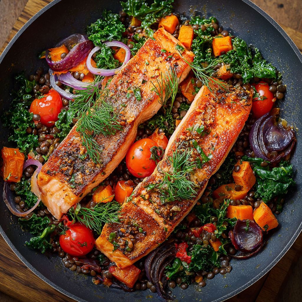 A plate of food with fish, tomatoes, onions, and greens.