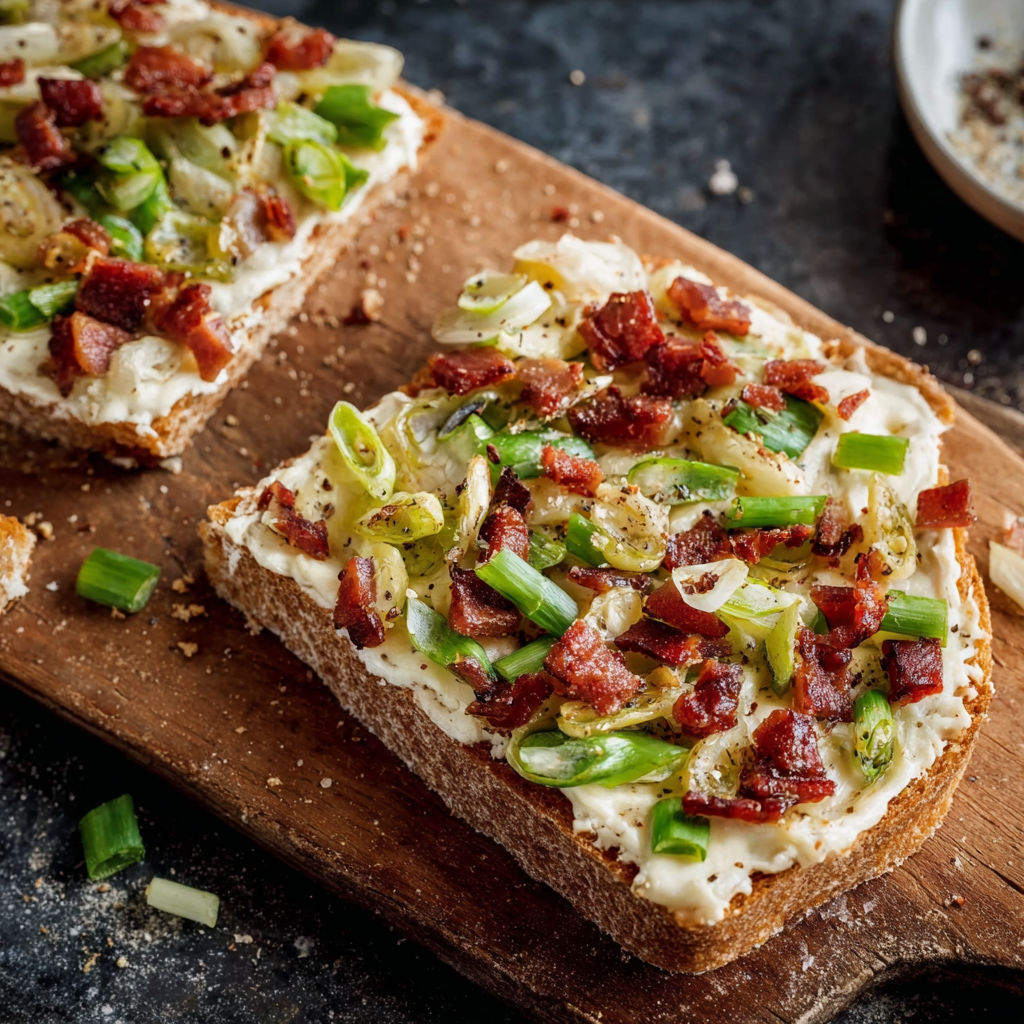 A slice of bacon and onion toast.