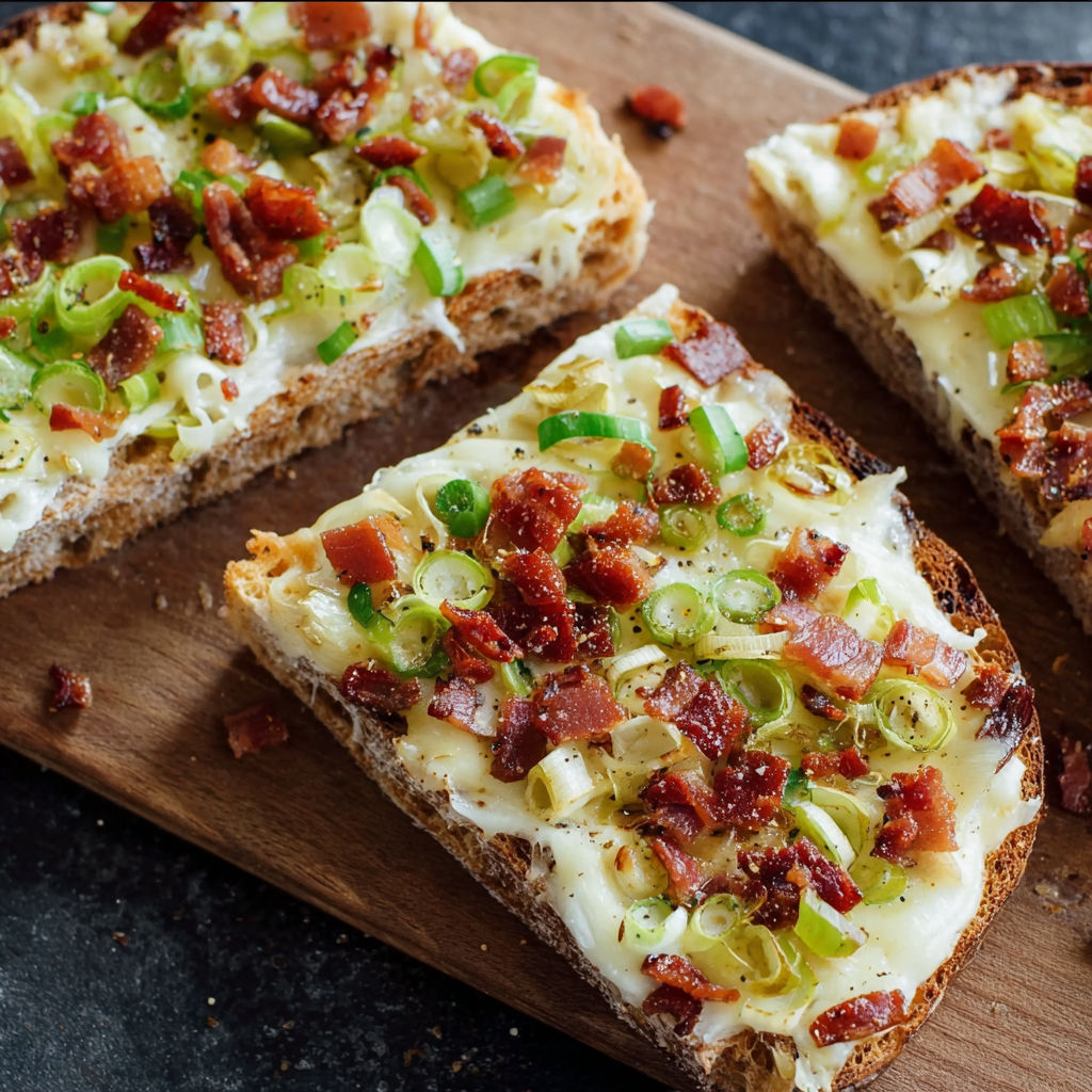 A slice of bacon and cheese pizza on a wooden cutting board.