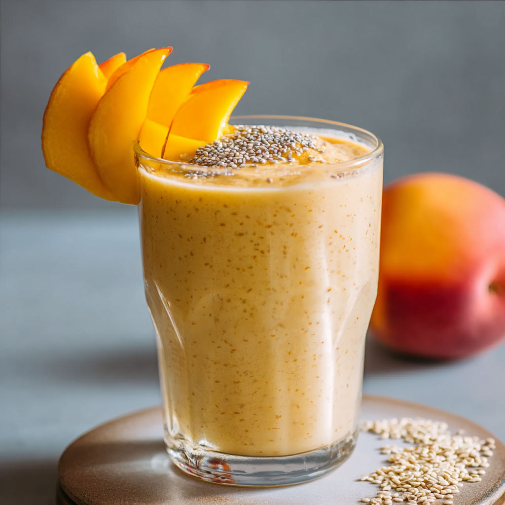 A glass of orange juice with a peach slice on top.