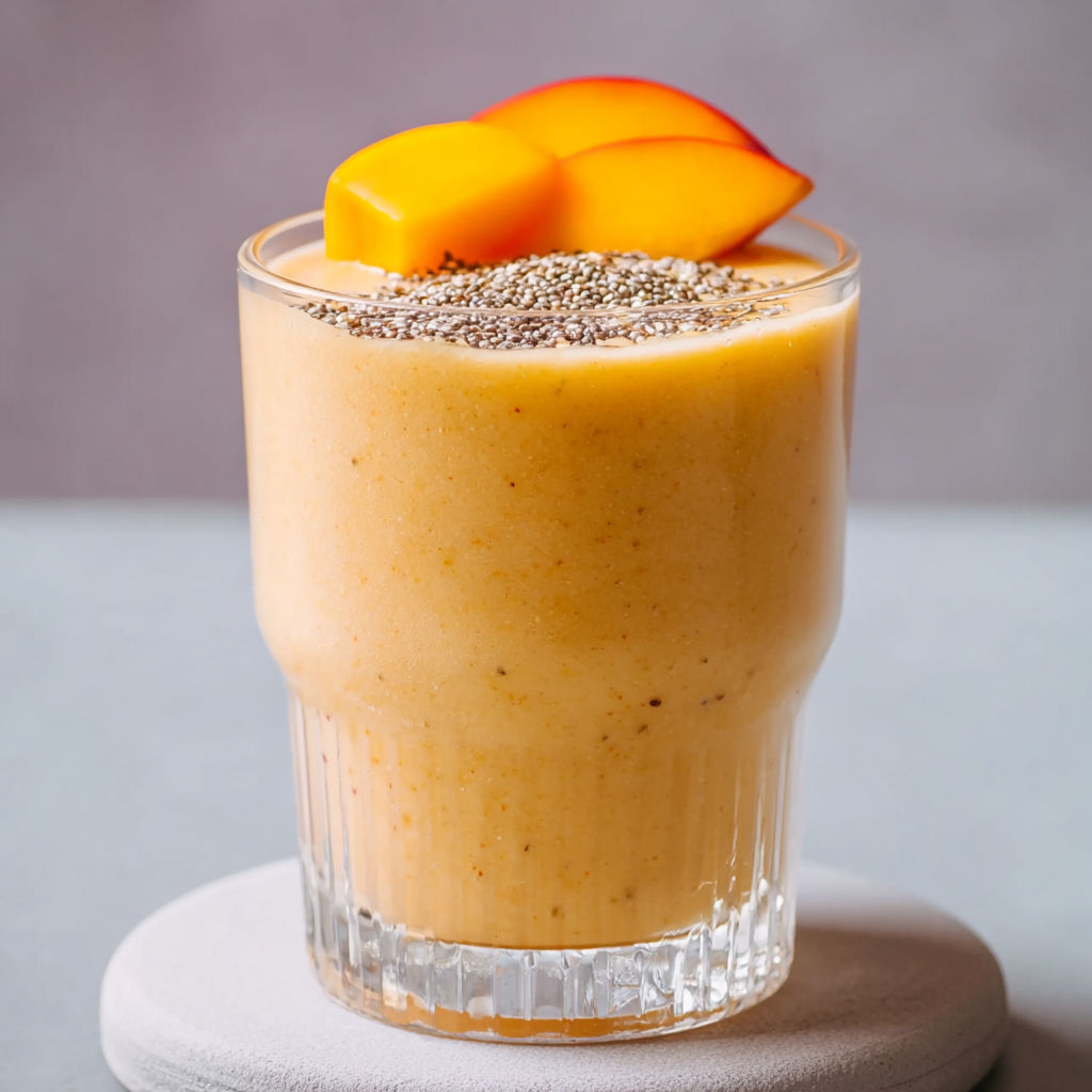 A glass of orange juice with a peach slice on top.