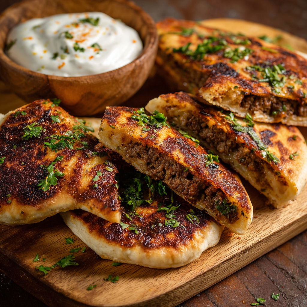 A wooden cutting board with a bowl of sauce and a plate of meat pita sandwiches.