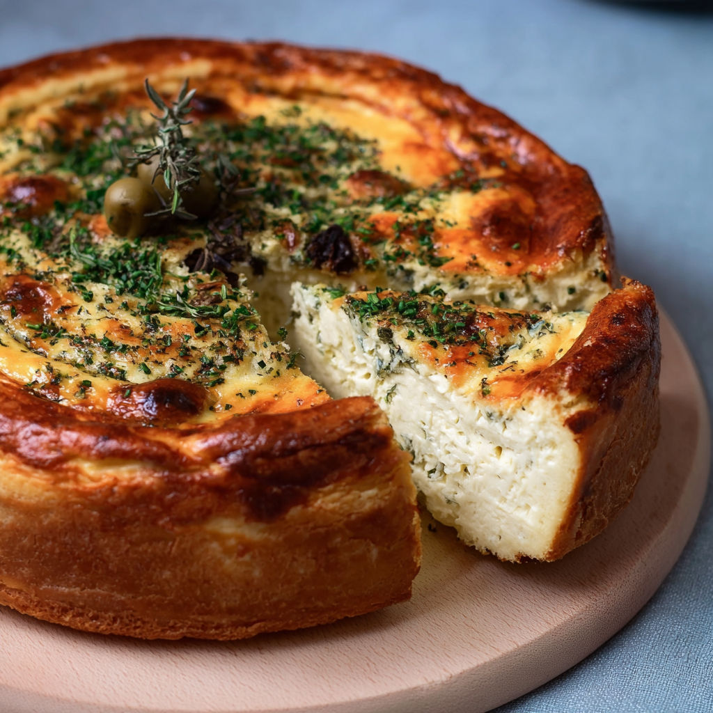 A slice of cheesecake with herbs on top.