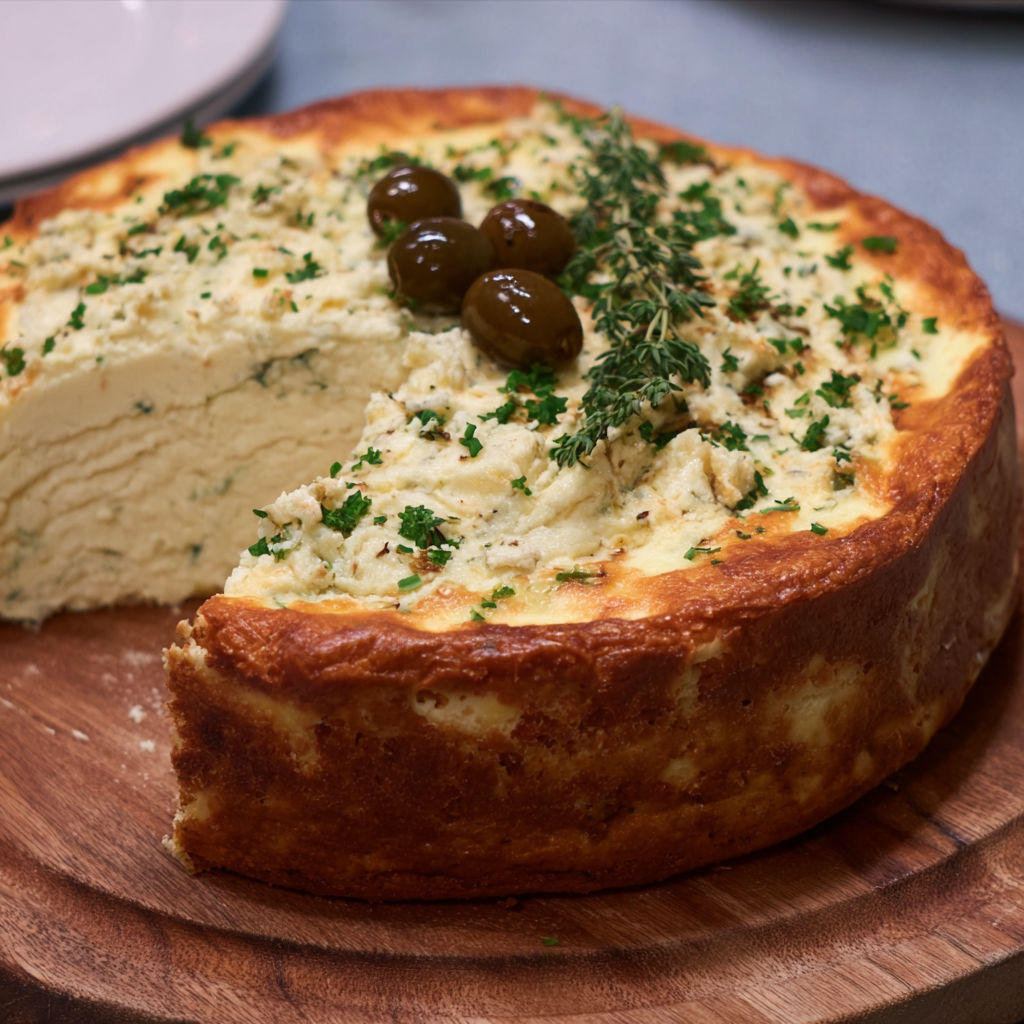 A slice of cheesecake with olives on top.