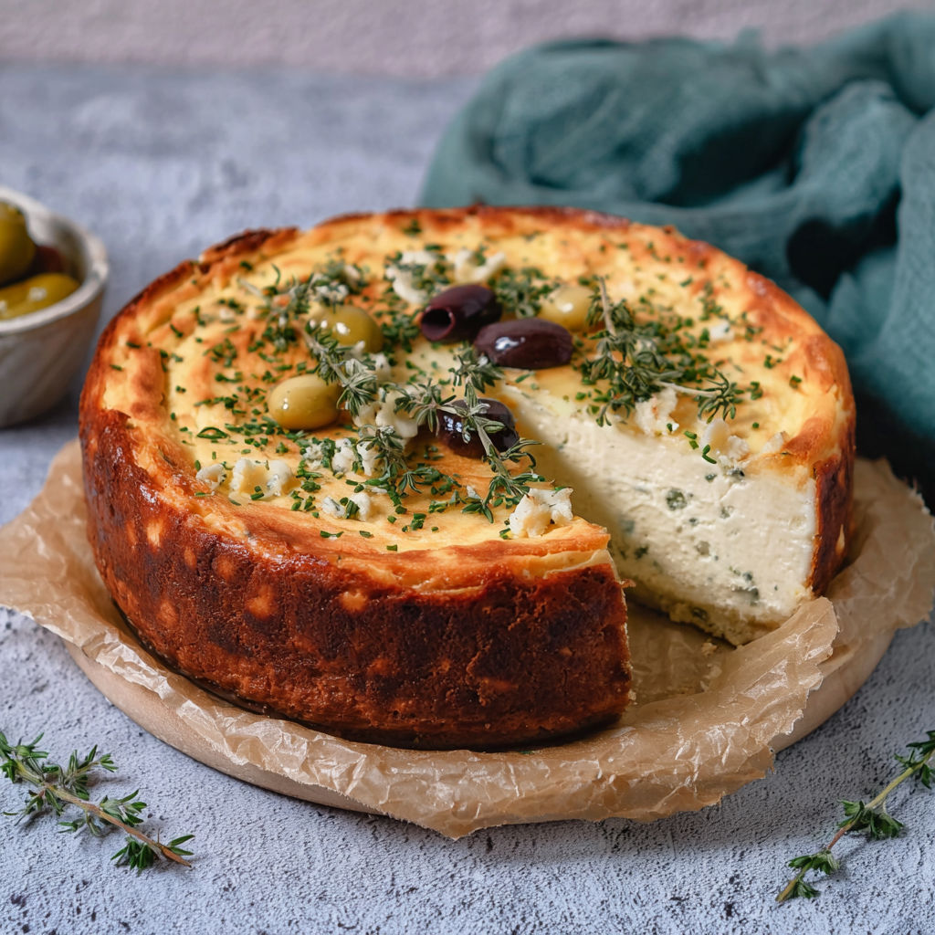 A slice of cheesecake with olives on top.
