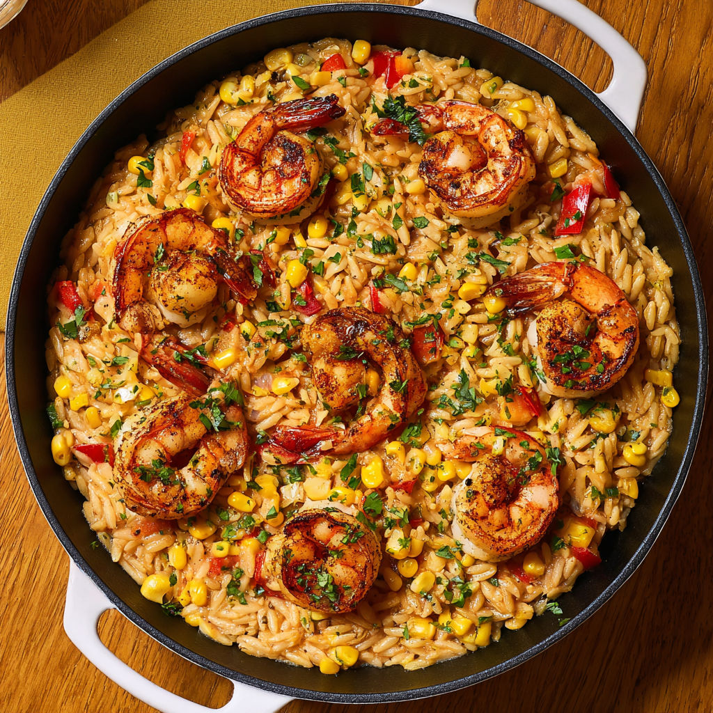 A dish with shrimp and corn.