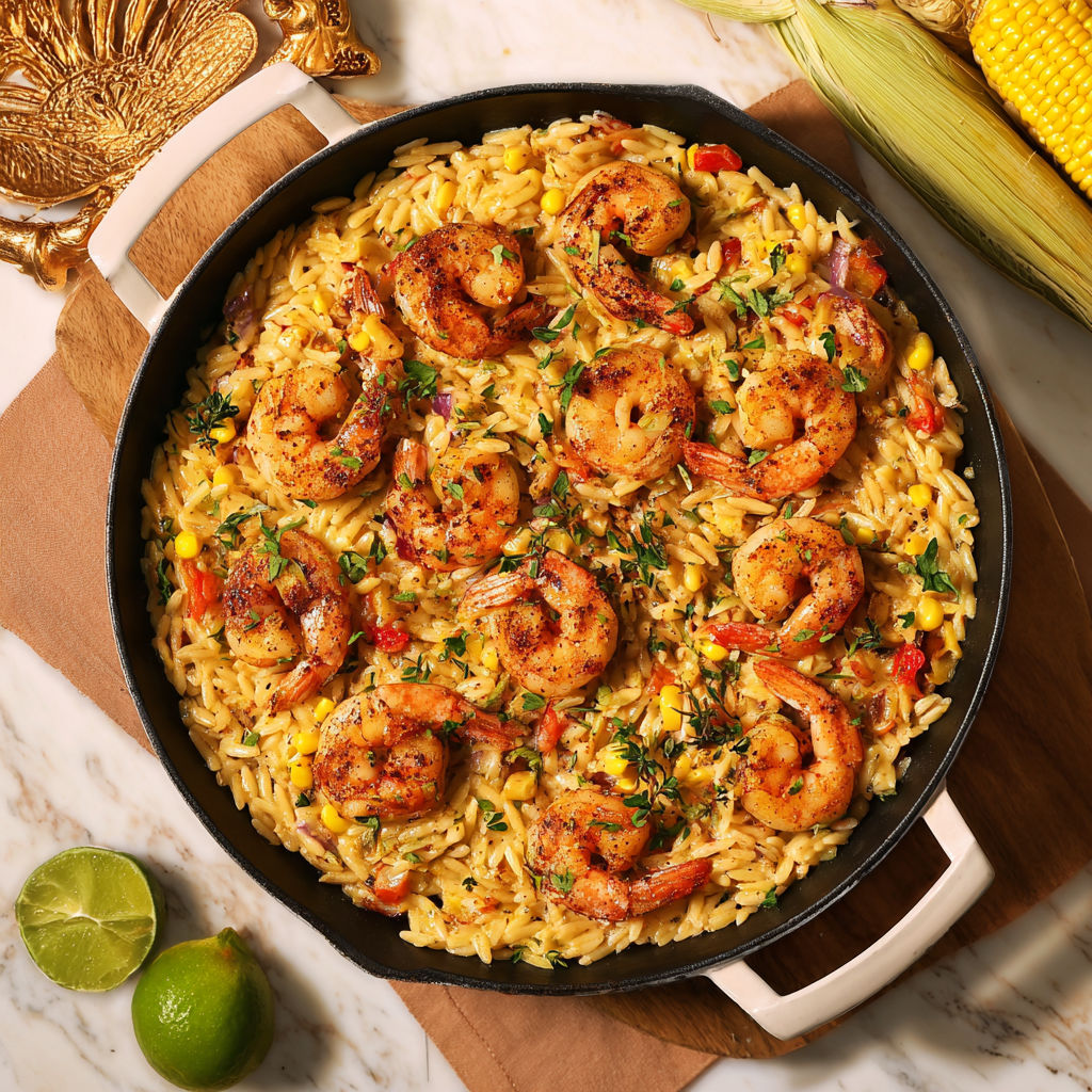 A pan of shrimp and rice with a lime wedge on the side.