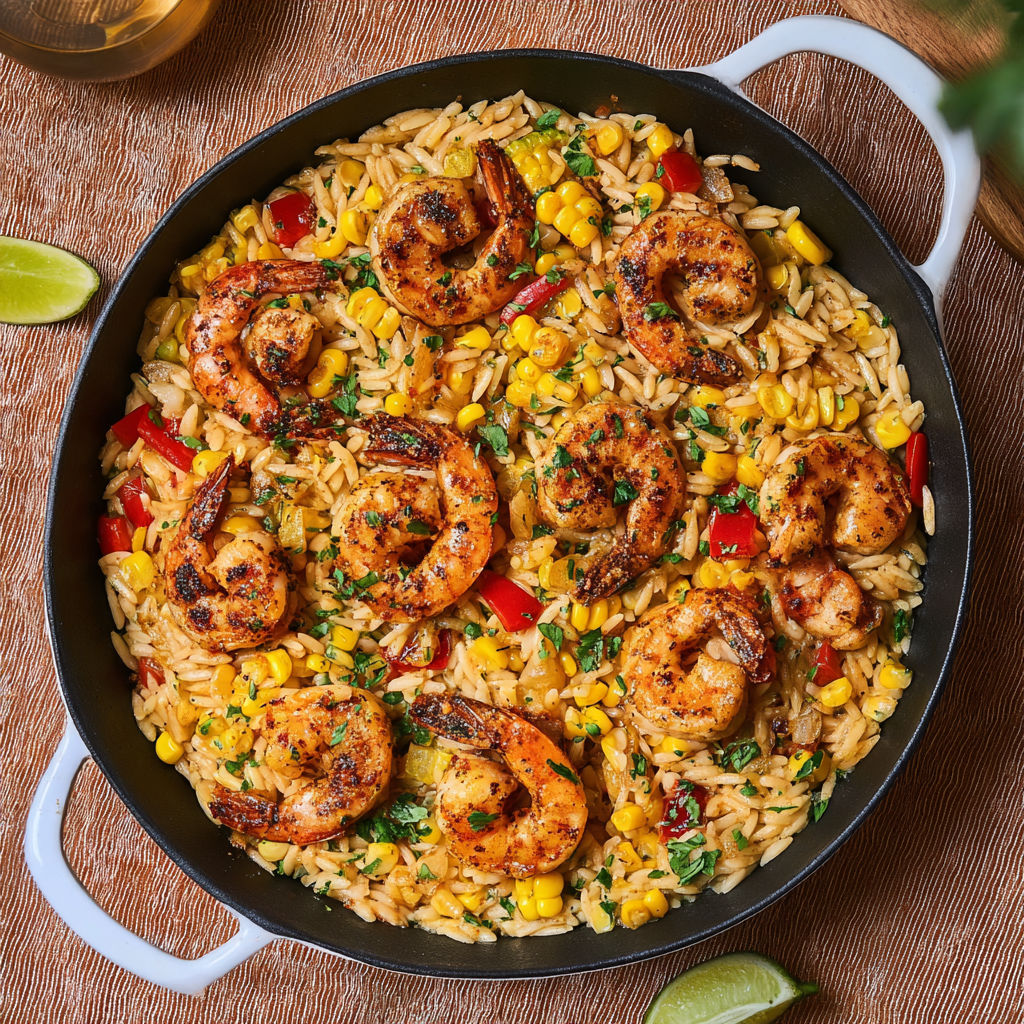 A pan of shrimp and rice with a lime wedge on the side.