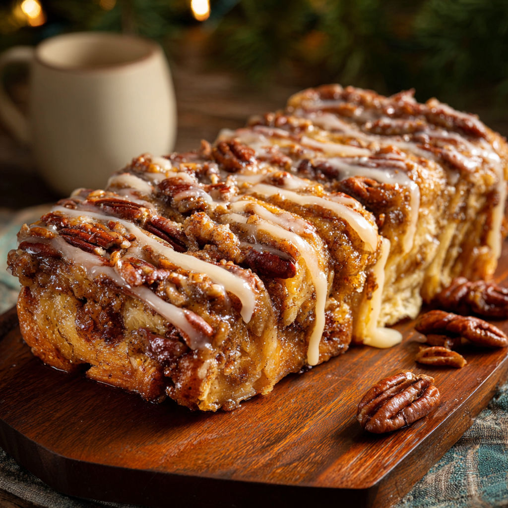 A slice of pecan pie on a wooden cutting board.