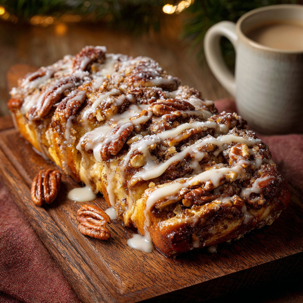 A cinnamon roll with a drizzle of icing.