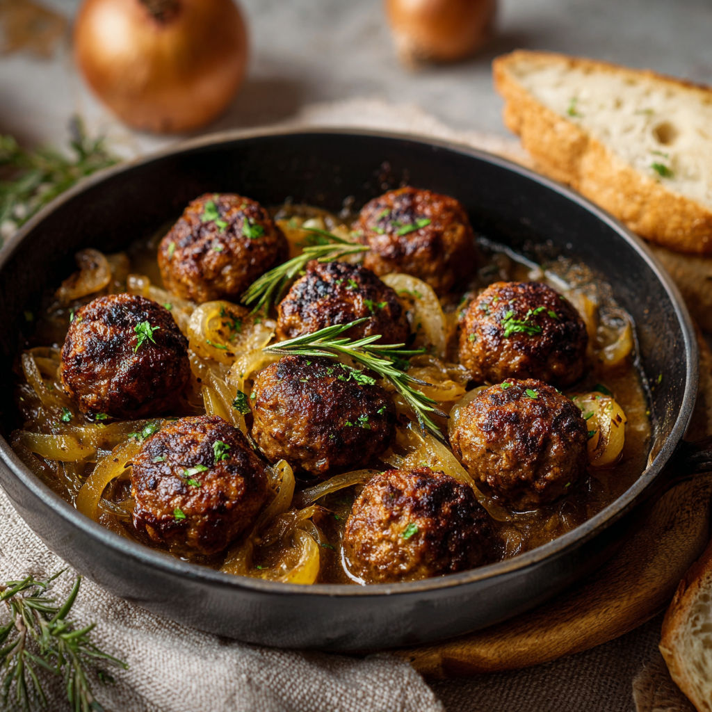 A bowl of meatballs with onions and parsley.