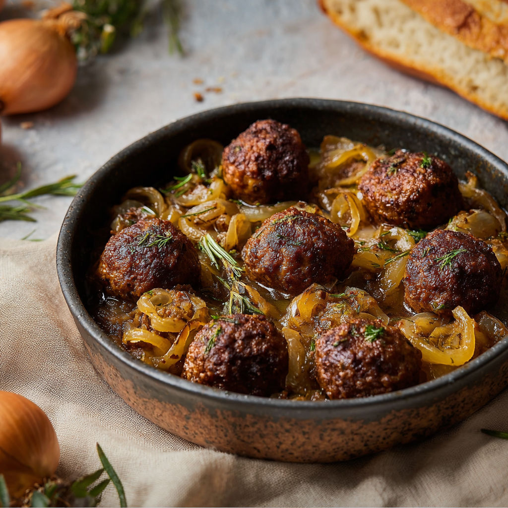 A bowl of food with onions and meatballs.