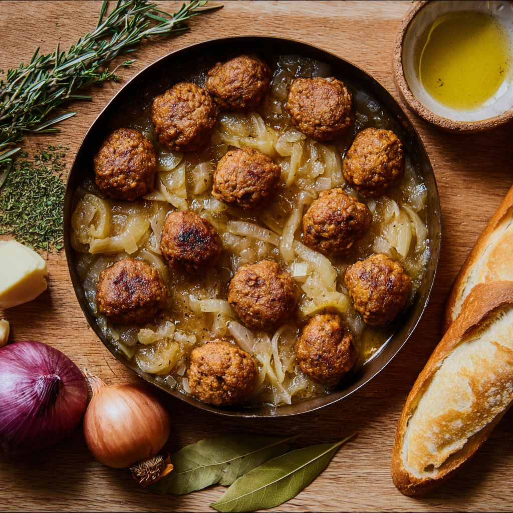 A bowl of meatballs with onions and garlic.