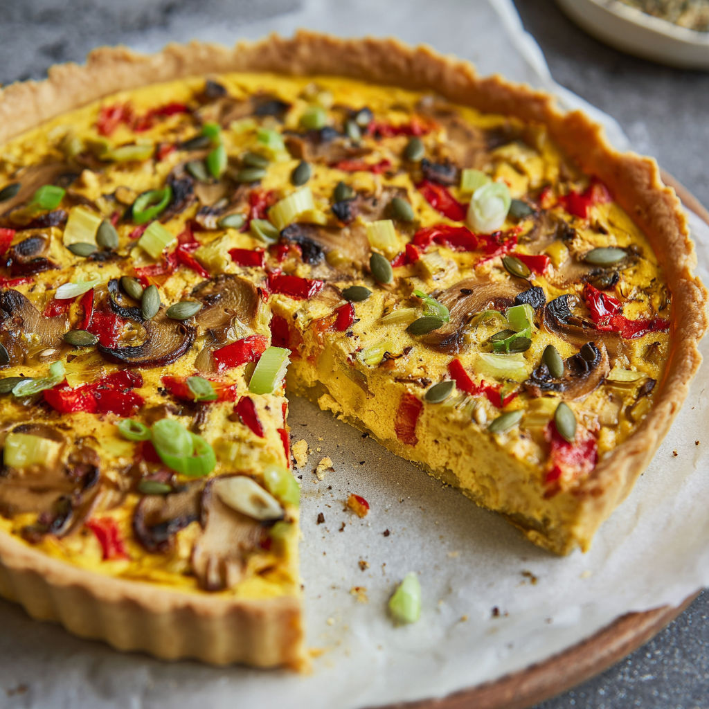 A slice of vegane quiche with mushrooms and red peppers.