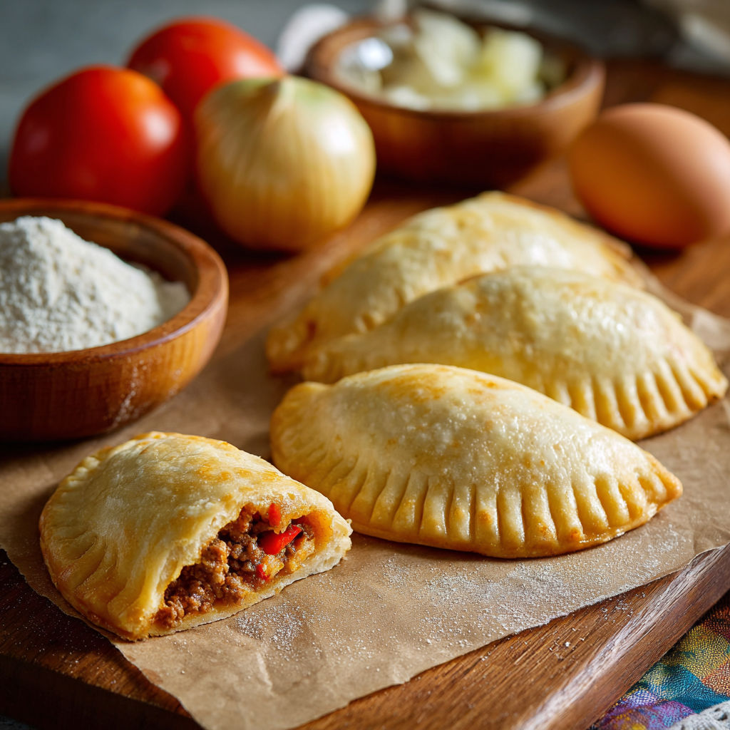 Empanadas on a wooden table.