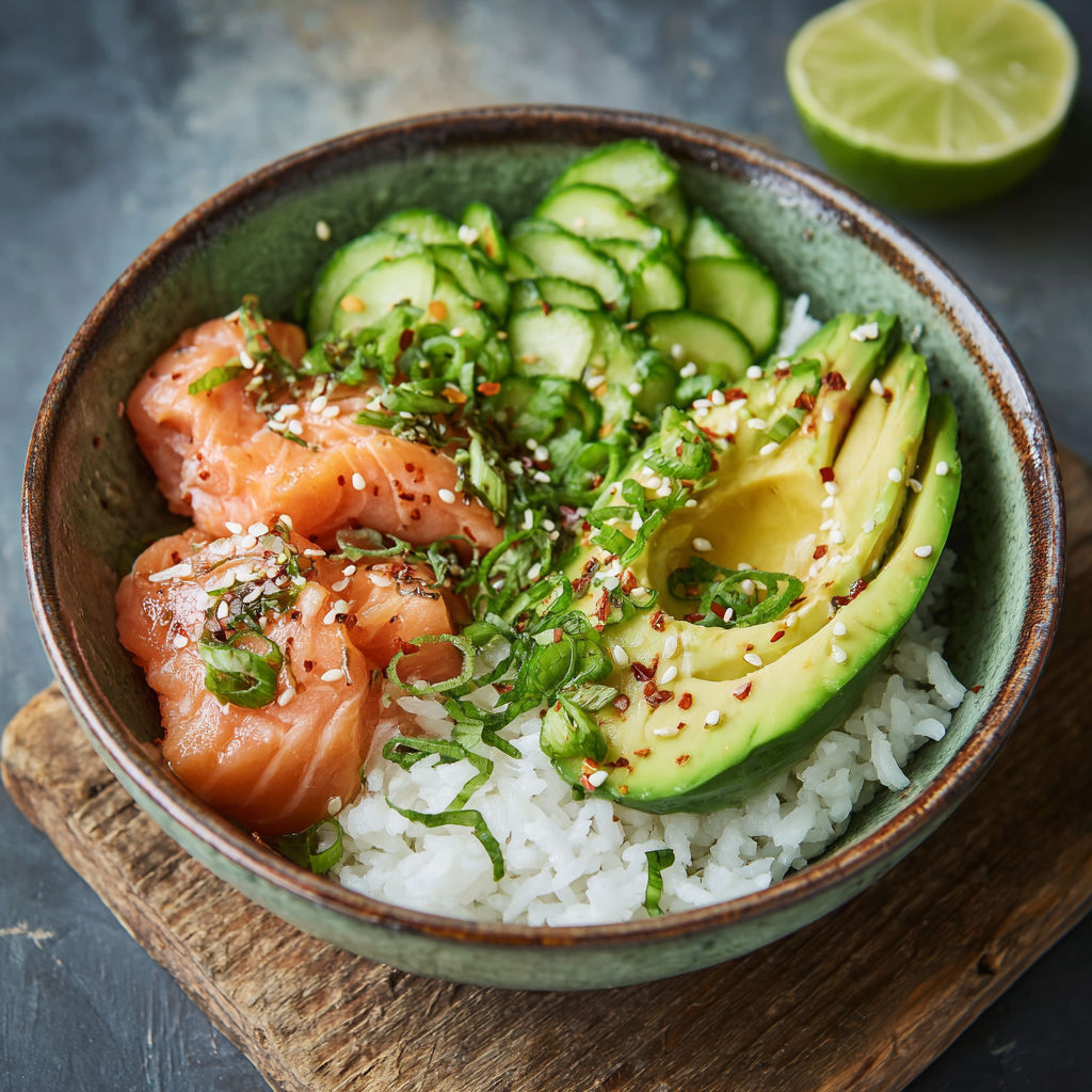 A bowl of food with fish, rice, and avocado.