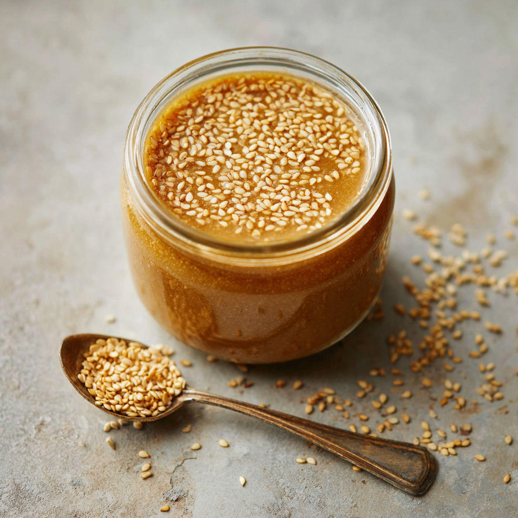 A jar of honey with a spoon in it.