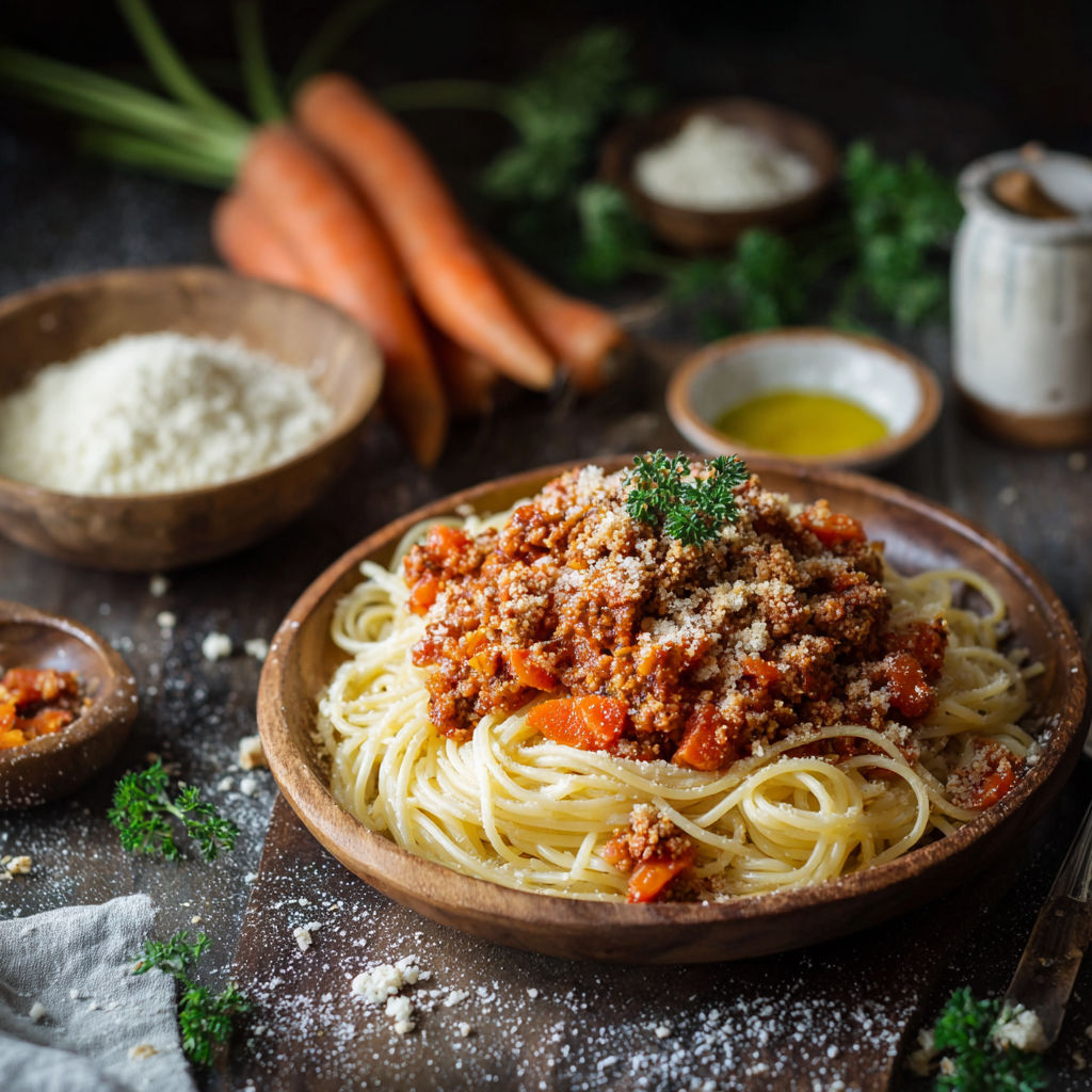 A bowl of spaghetti bolognese with carrots on top.