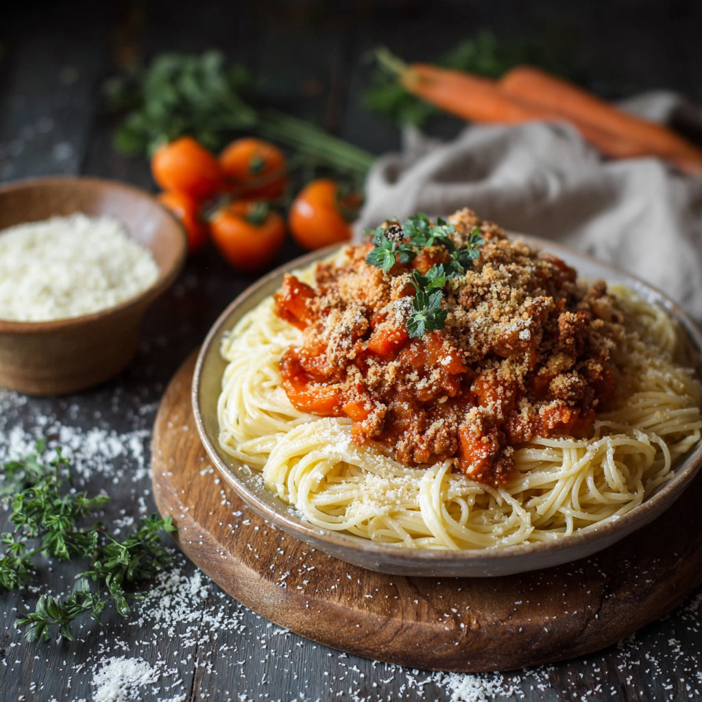 A bowl of spaghetti with meat sauce and vegetables.