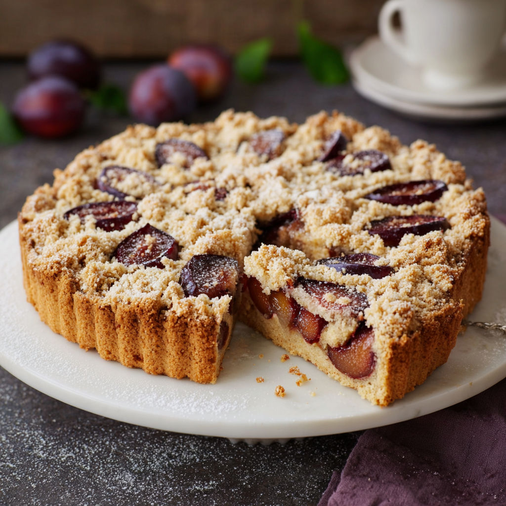 A slice of pie with a crumb topping.