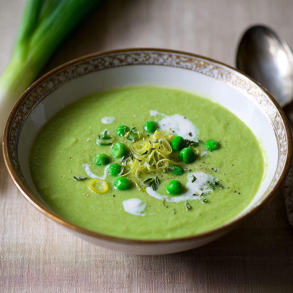 A bowl of soup with peas and herbs.