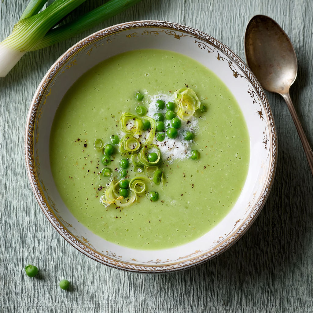 A bowl of soup with peas and a spoon.