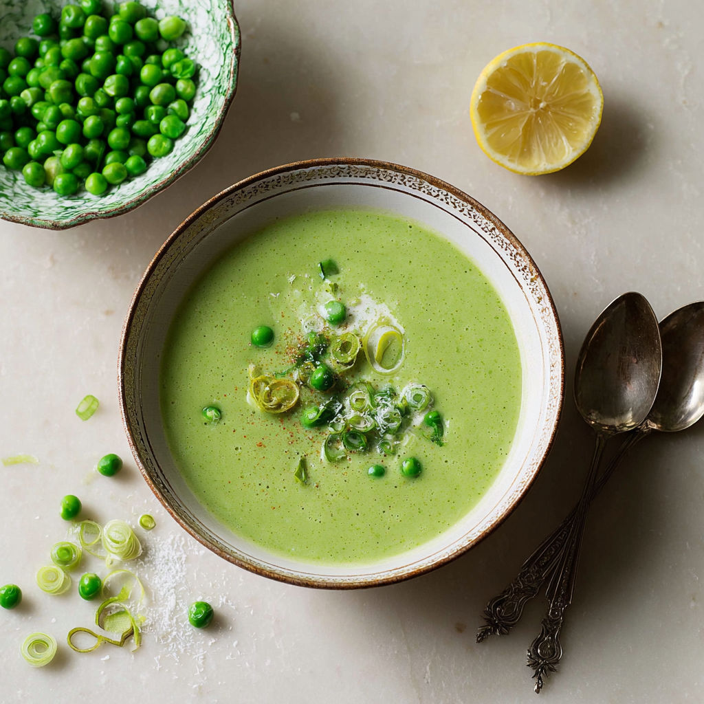 A bowl of soup with green peas and lemon wedges.