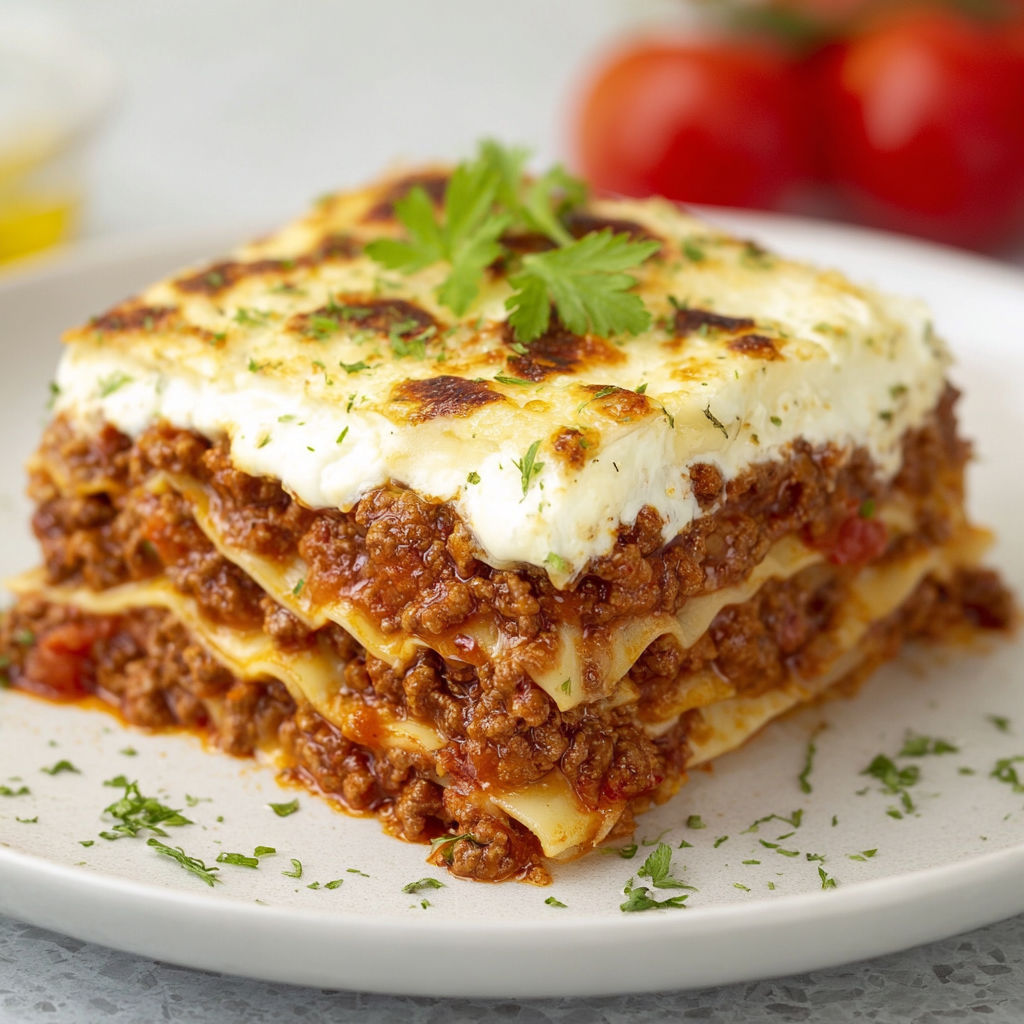 A plate of lasagna with a white sauce.