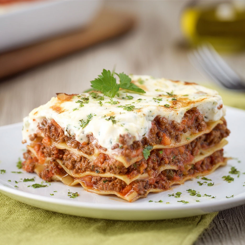 A lasagna with a white sauce on top.