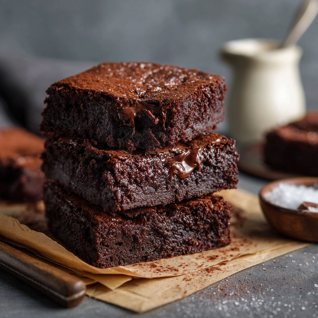 Three stacked brownies with chocolate drizzle.