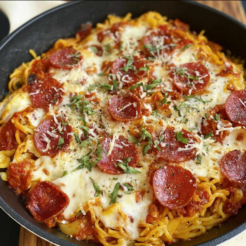 A close up of a spaghetti pizza with pepperoni and cheese.