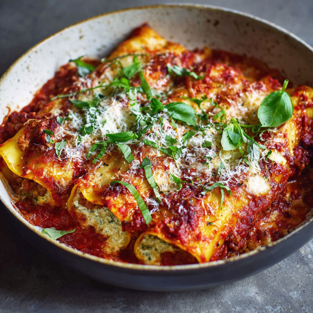 A bowl of cannelloni with ricotta and tomato sauce.