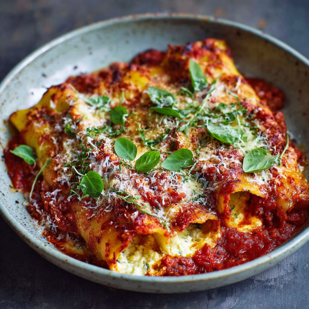 A plate of food with cannelloni and tomato sauce.