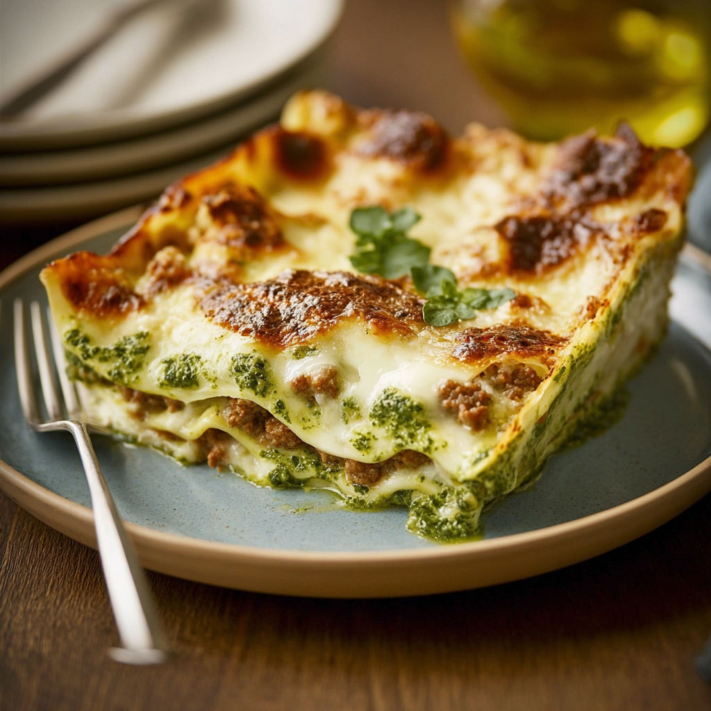 A slice of pesto-lasagne on a plate.