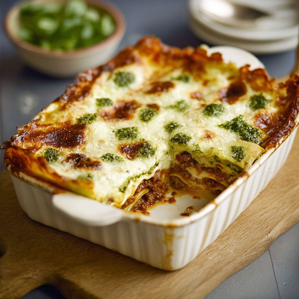A casserole dish with a green topping.