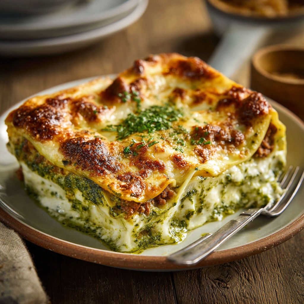 A delicious looking lasagna with a fork on the side.