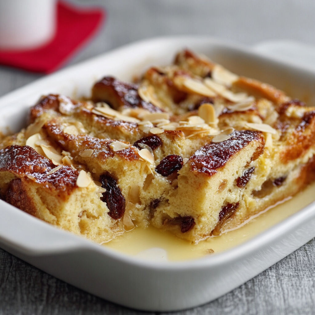A white bowl filled with a dessert made of bread and nuts.