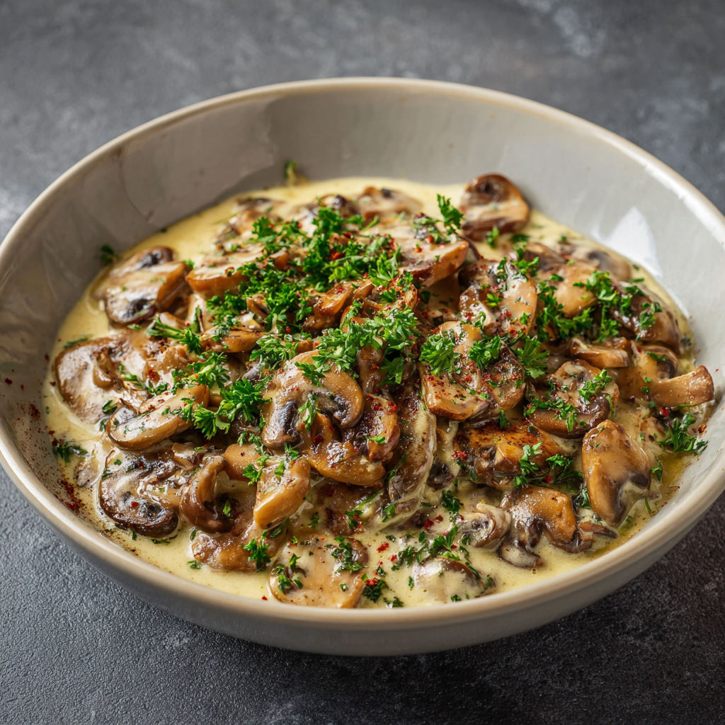 A bowl of mushrooms with a creamy sauce.