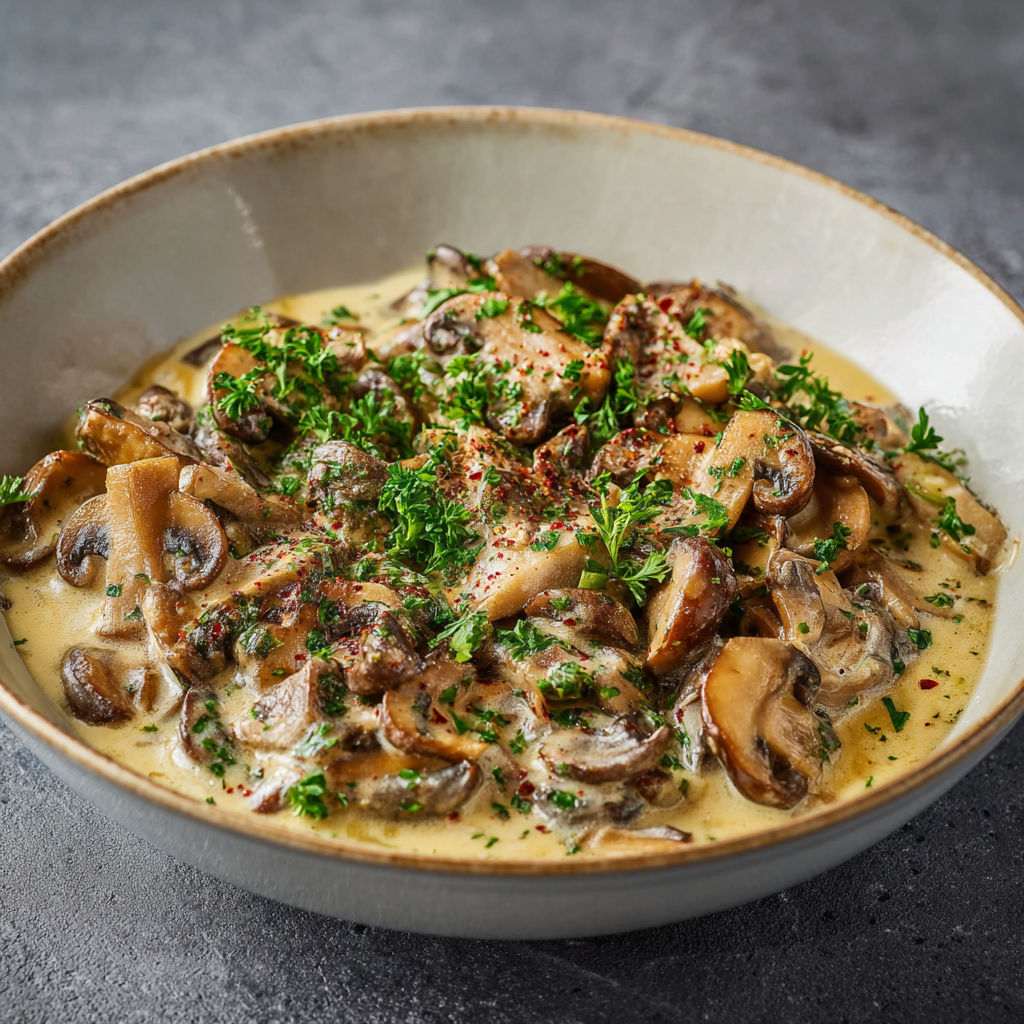 A bowl of mushrooms in a creamy sauce.