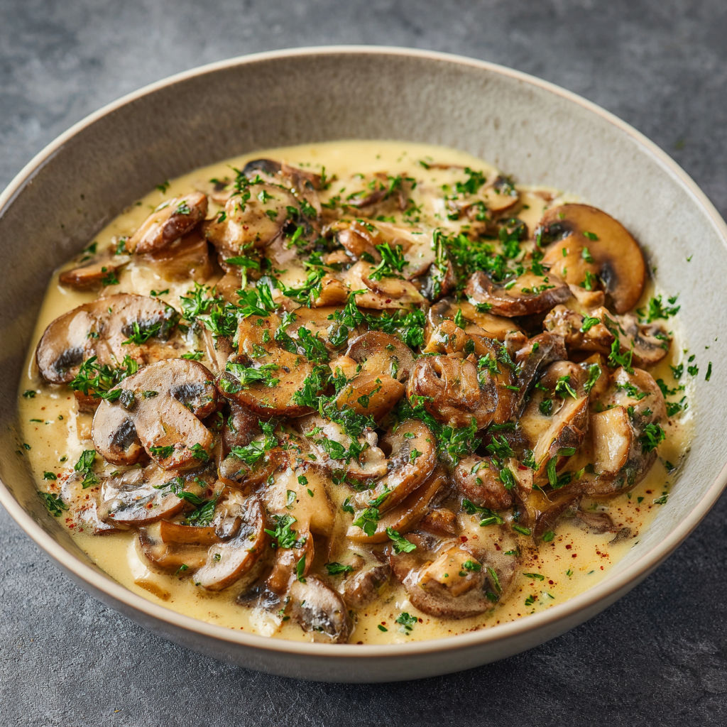 A bowl of mushrooms with a creamy sauce.