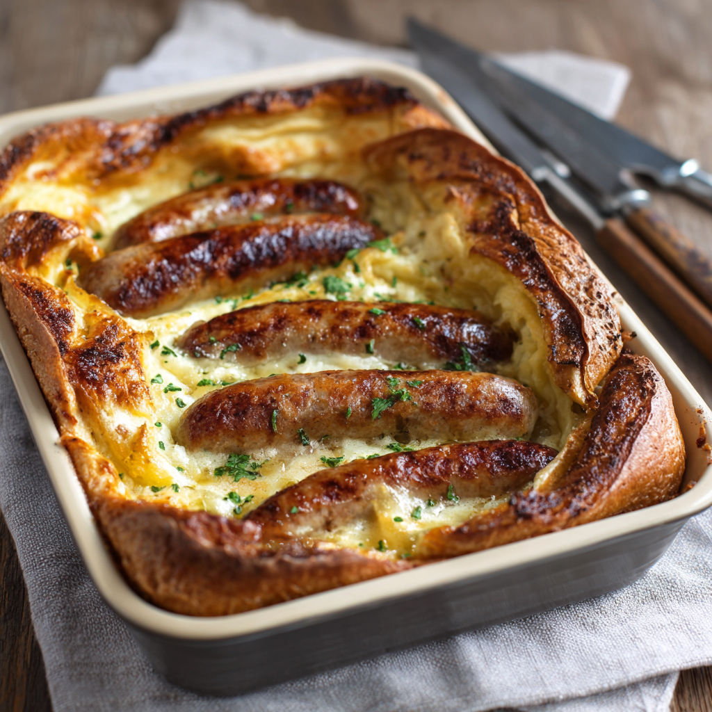 A Toad in the Hole dish with sausage and cheese.