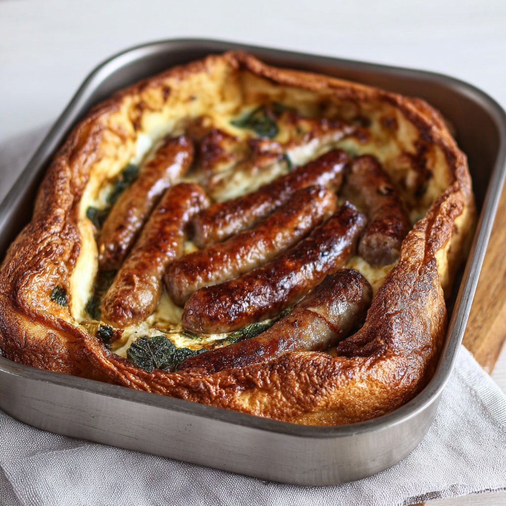 A Toad in the Hole is served in a silver pan.