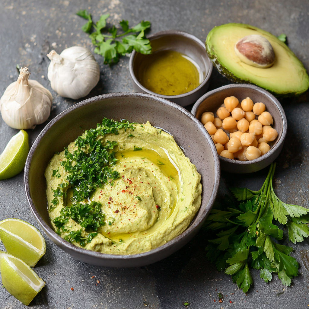 A bowl of hummus with a spoon in it.