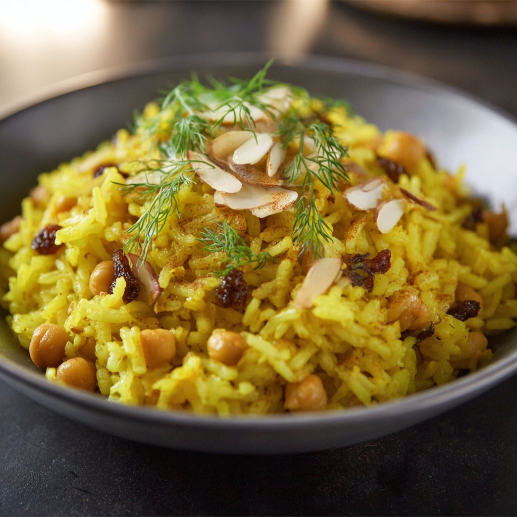 A bowl of rice with nuts and spices.
