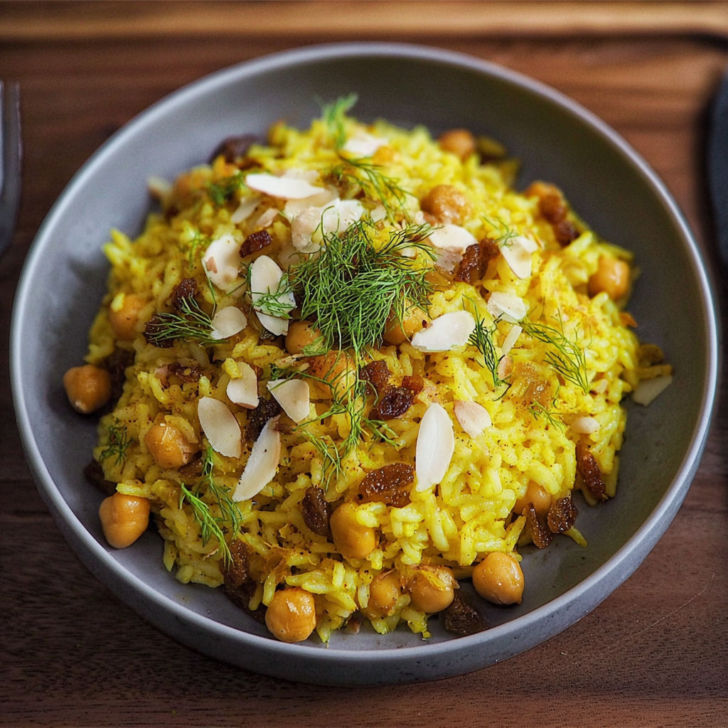 A bowl of rice with nuts and vegetables.