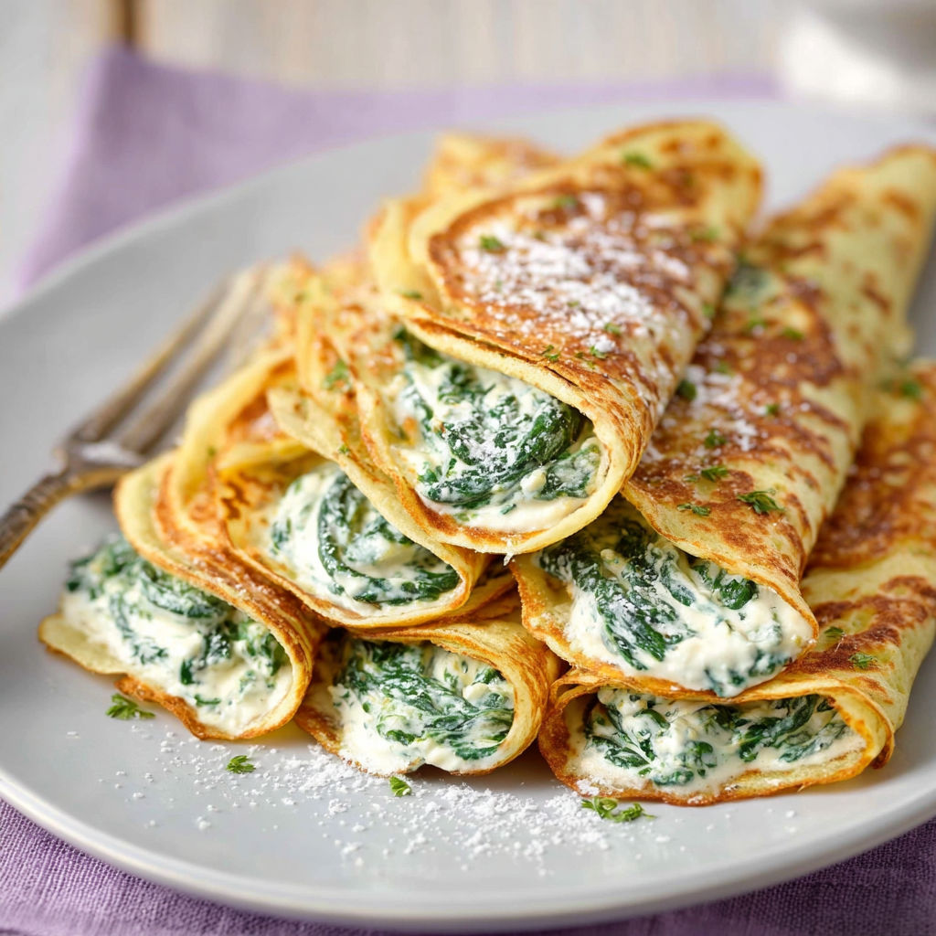 A plate of crepes with spinach and ricotta cheese.