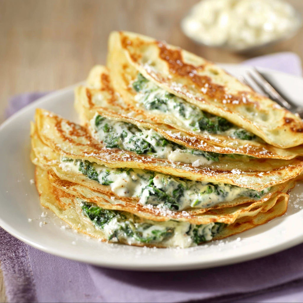A stack of pancakes with white sauce and green vegetables.