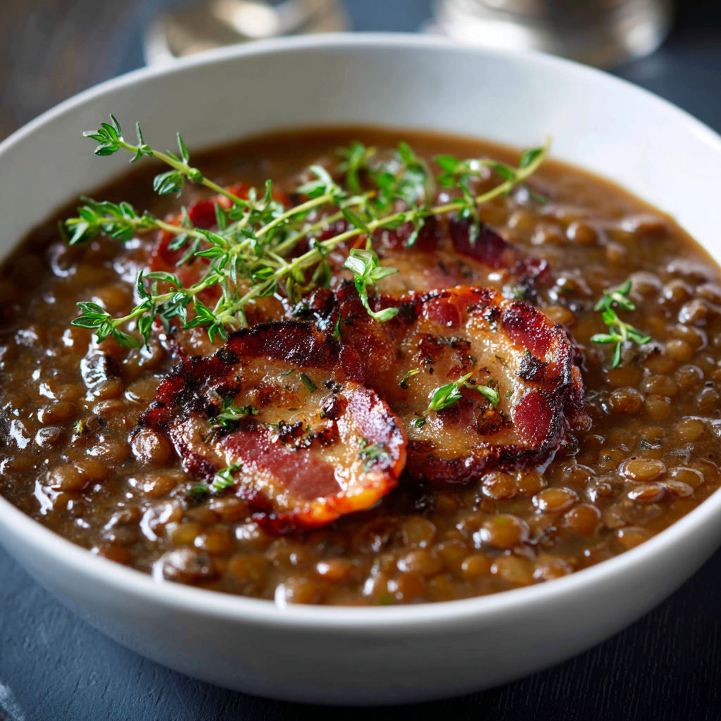 A bowl of soup with bacon and herbs.